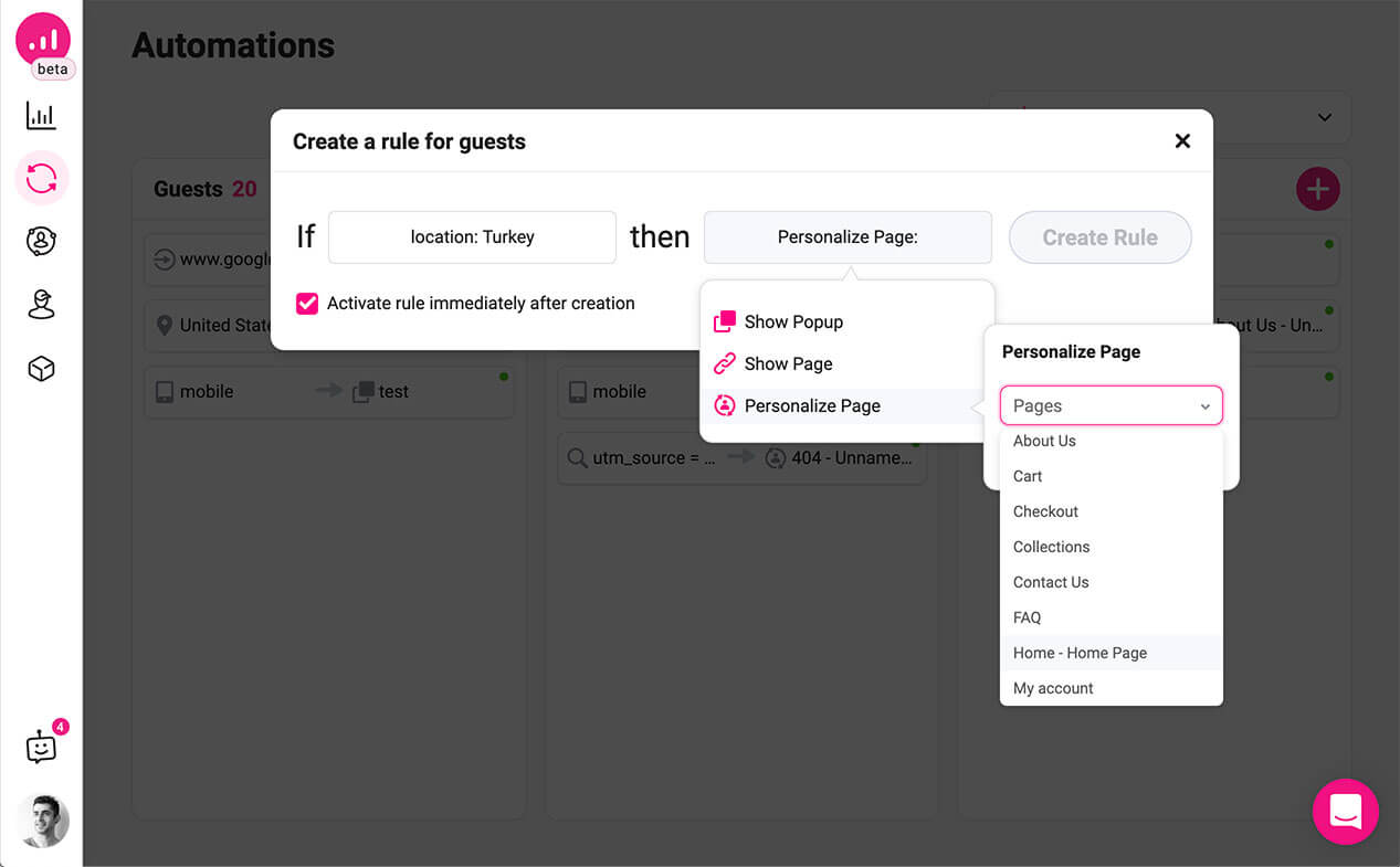 customer segments for e-commerce - growmatik - personalize content -  automate page - location as condition