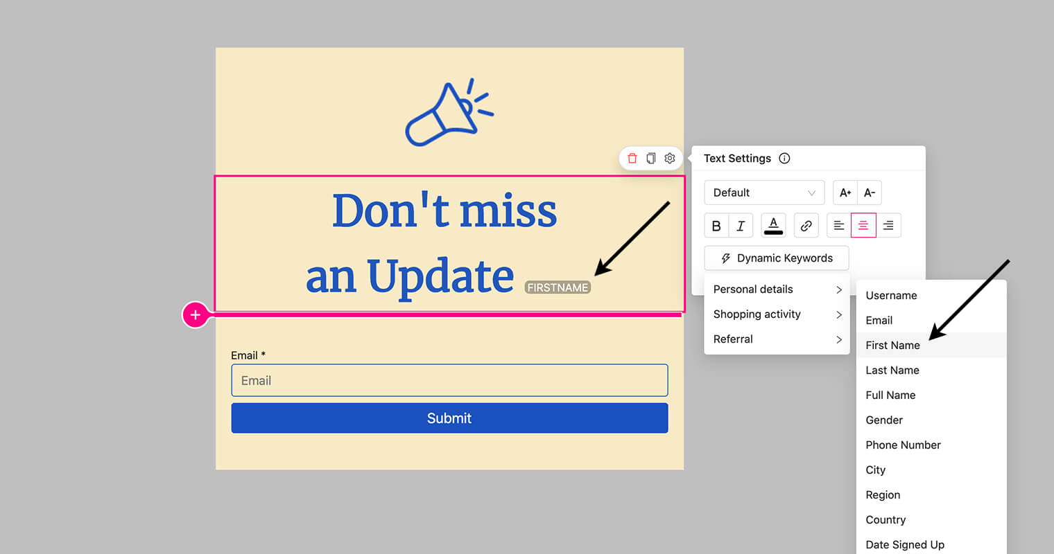 personalize content with dynamic keywords - greeting - popups