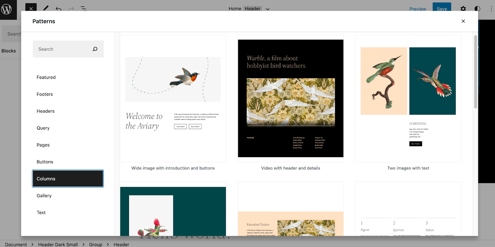 Screenshot of Patterns available in WordPress 5.9