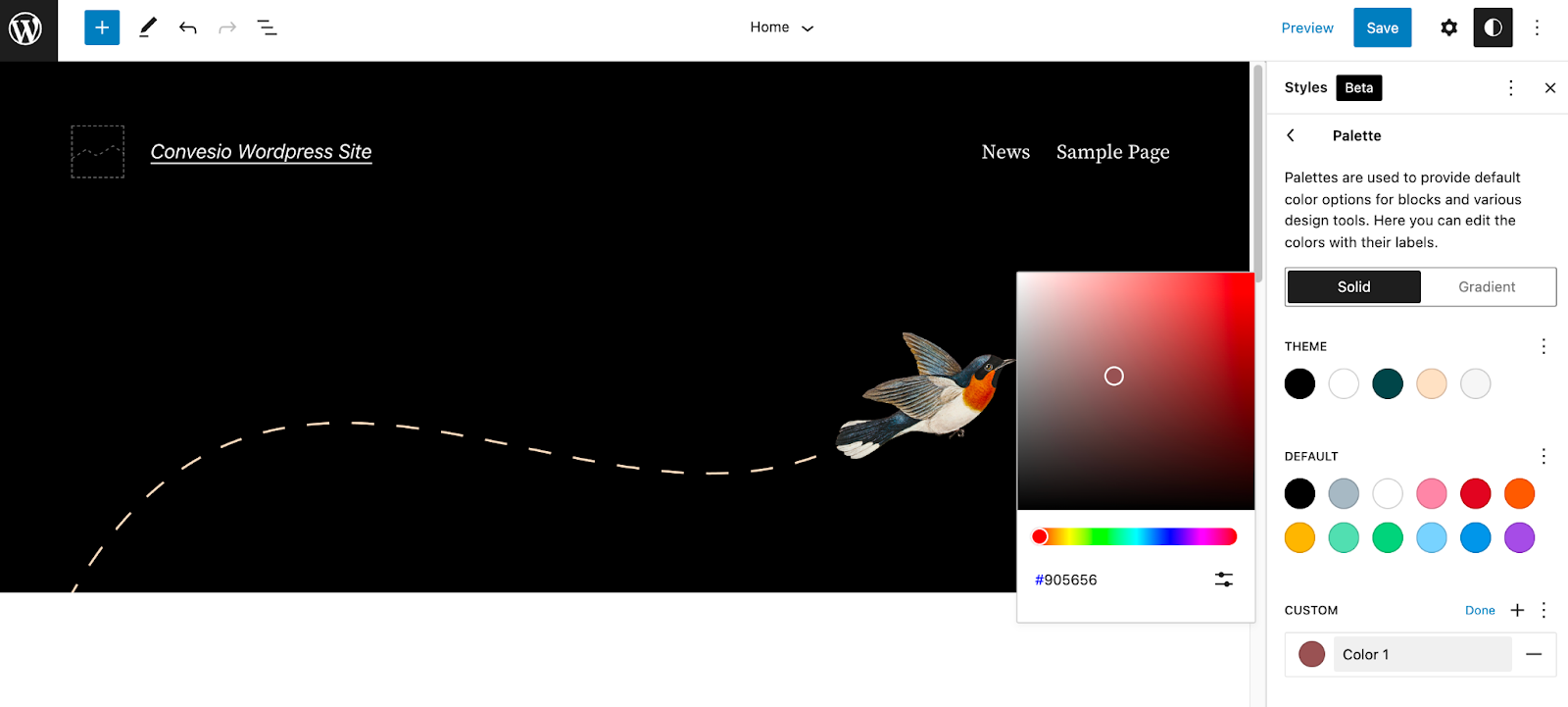 Screenshot showing the color palette in WordPress 5.9