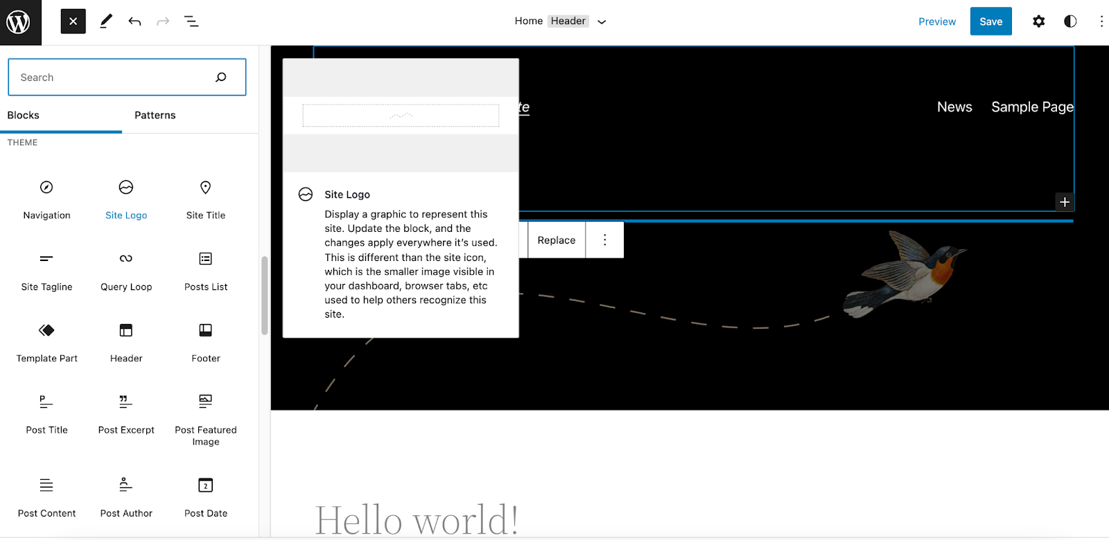 Screenshot of the new theme block in WordPress 5.9