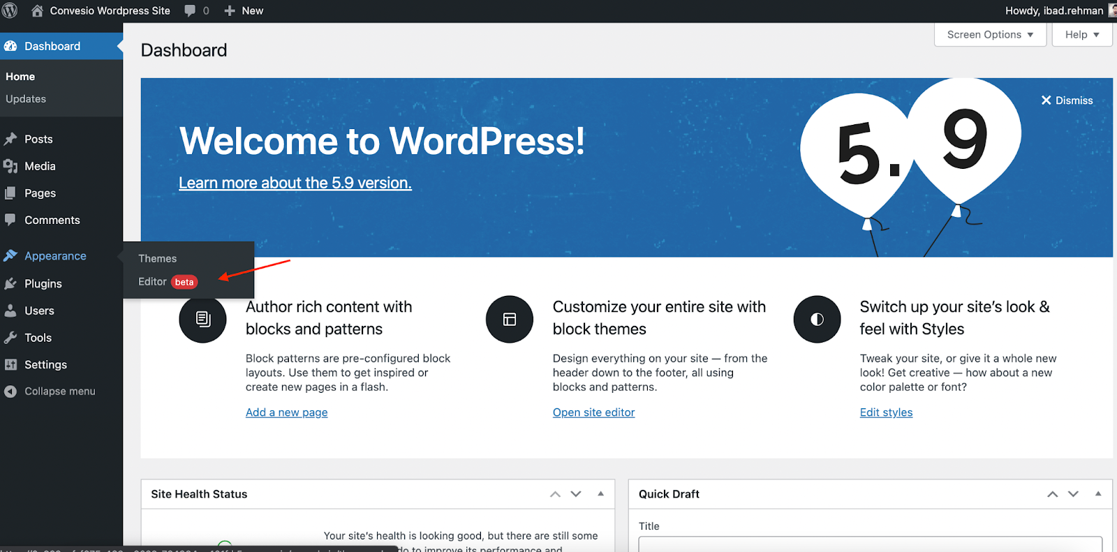 Screenshot of the WordPress Admin once 5.9 is installed