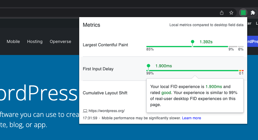 Chrome Google Web Vitals Extension